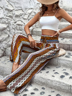 Calças Femininas de Perna Larga com Estampa Floral em Azul Marinho e Branco, Cintura Elástica com Cordão e Detalhe de Smocking - Lavável à Máquina, Confortáveis para Todas as Estações, Tecido Suave e Elegante