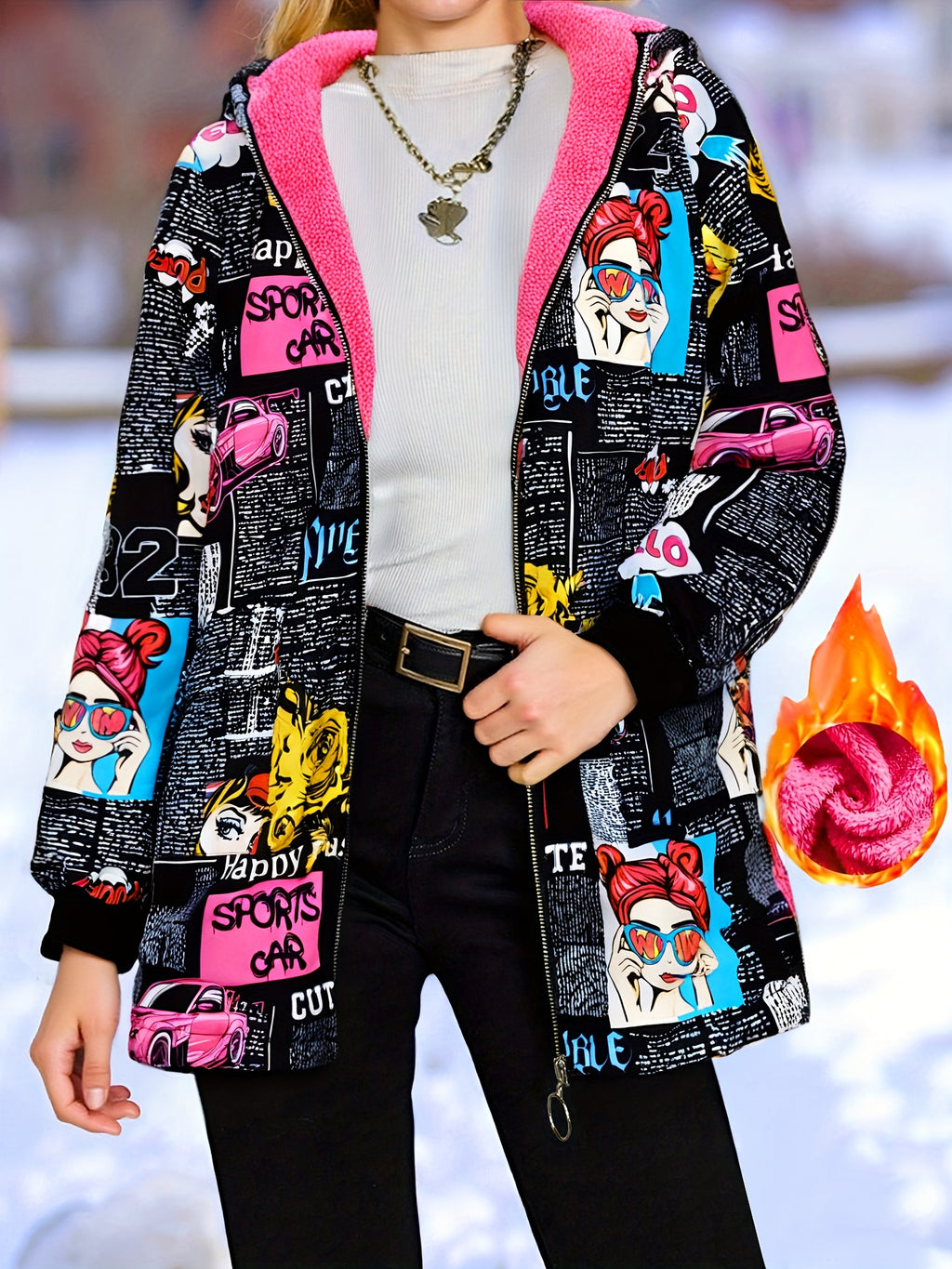 Jaqueta Casual com Capuz para Mulheres Adultas, Estampa Pop Graffiti e Forro, Outono/Inverno