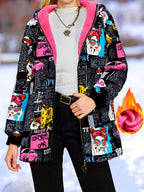 Jaqueta Casual com Capuz para Mulheres Adultas, Estampa Pop Graffiti e Forro, Outono/Inverno