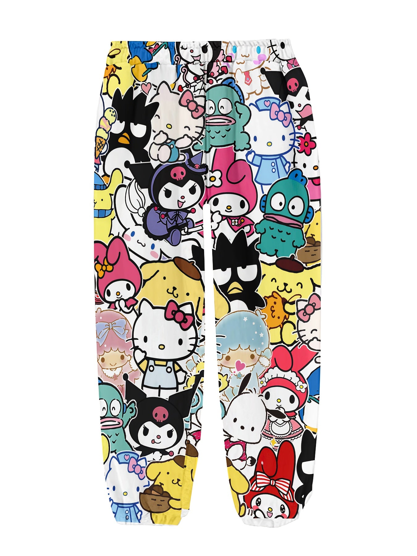 Calças de jogar Sanrio para mulheres com estampado de desenhos animados - Estilo hip-hop urbano, cintura com cordão confortável, lavável à máquina, branco com designs coloridos de personagens, perfeitas para uso casual, calças de jogar