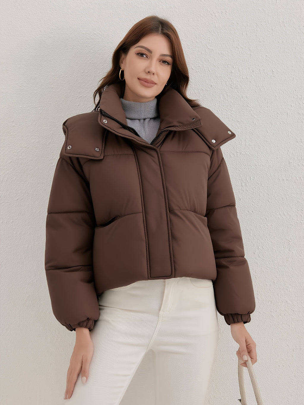 Casaco Leve com Capuz para Mulher - Casaco de Inverno Quente com Fecho de Zíper Completo, Gola Alta, Exterior - Roupa Exterior de Fácil Cuidado para Clima Frio para Uso Diário e Formal, Casaco de Inverno, Roupa Casual de Inverno, Design de Gola Alta, Roupa de Inverno Durável, Moda de Outono