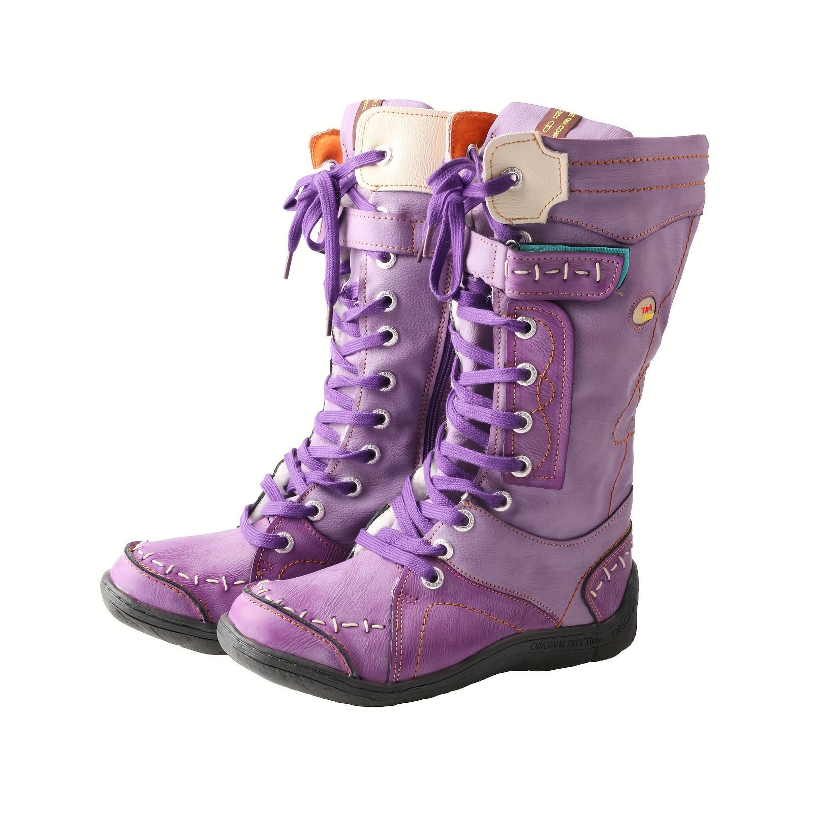 Botas de cano médio TMA EYES 2023 - Estilo ocidental casual, de cor sólida, confortáveis para todas as estações, com fecho de zíper, bico redondo, salto plano, sola TPR, palmilha em tecido, parte superior em imitação de couro de vaca e interior em tecido.