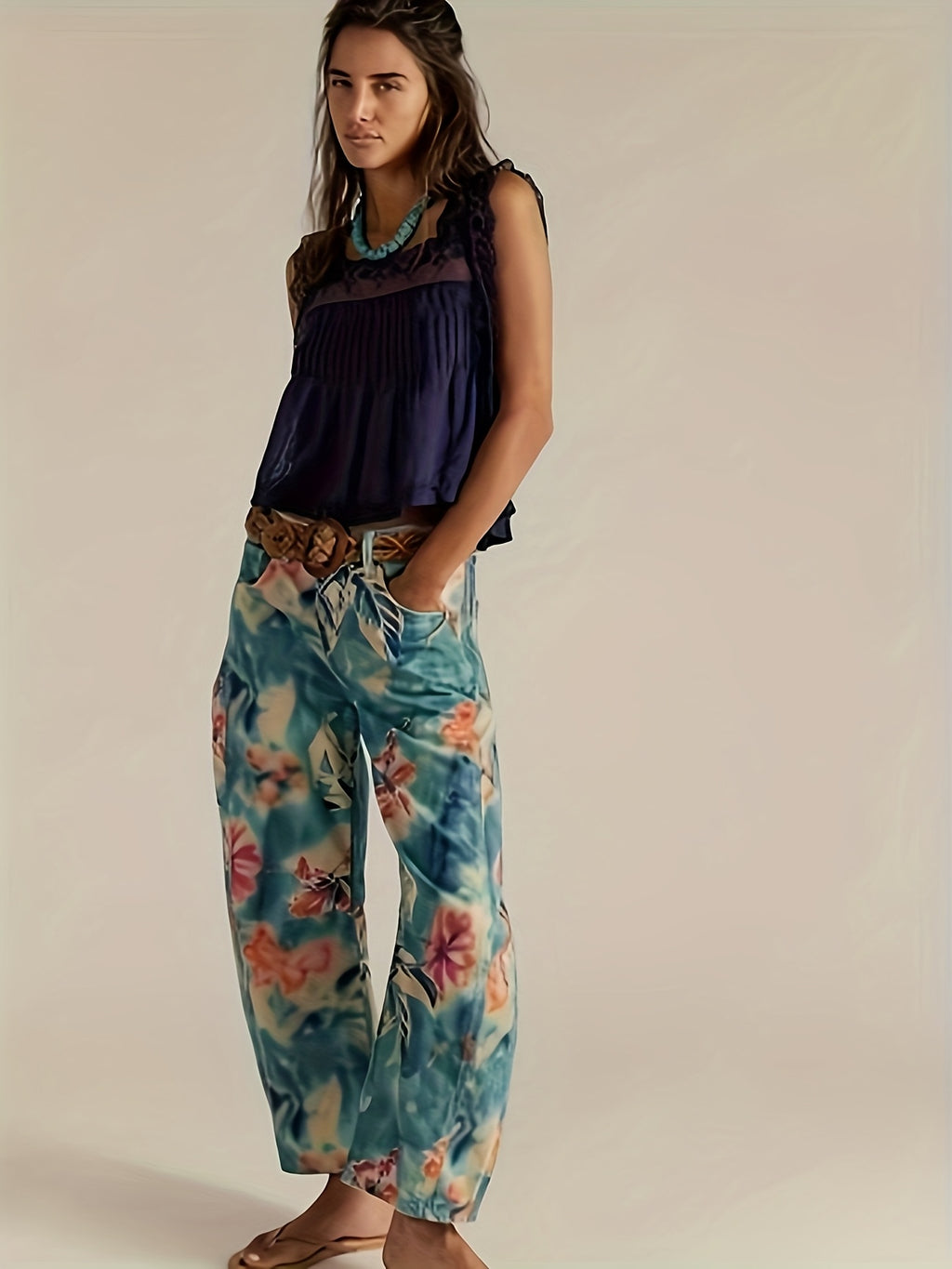 Calças Jeans Femininas de Perna Larga com Estampa Floral Verde - Calças de Pintura Botânica em Azul Turquesa e Rosa, Calças Retas Vintage com Bolsos, Jeans Laváveis à Máquina para Todas as Estações, Ideais para Estilo Boho, Casual e Formal (Padrões de Perna com Flores)