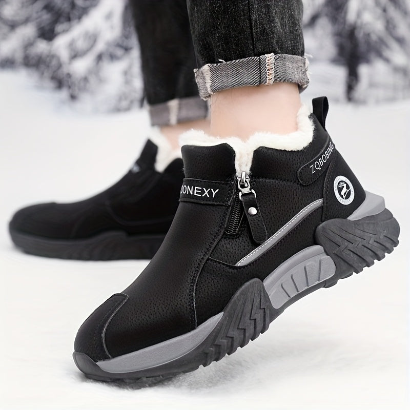 Botas de Neve Unissex para Inverno, Simples e Modernas em Cores Sólidas de Cinza, Preto, Caqui, Design Superior em PU, Design de Calçar Fácil, Sola de PVC Espessa e Macia Resistente ao Desgaste com Aderência Forte, Forrada para Calor e Conforto, Sapatos Deslizantes para Preguiça, Adequados para