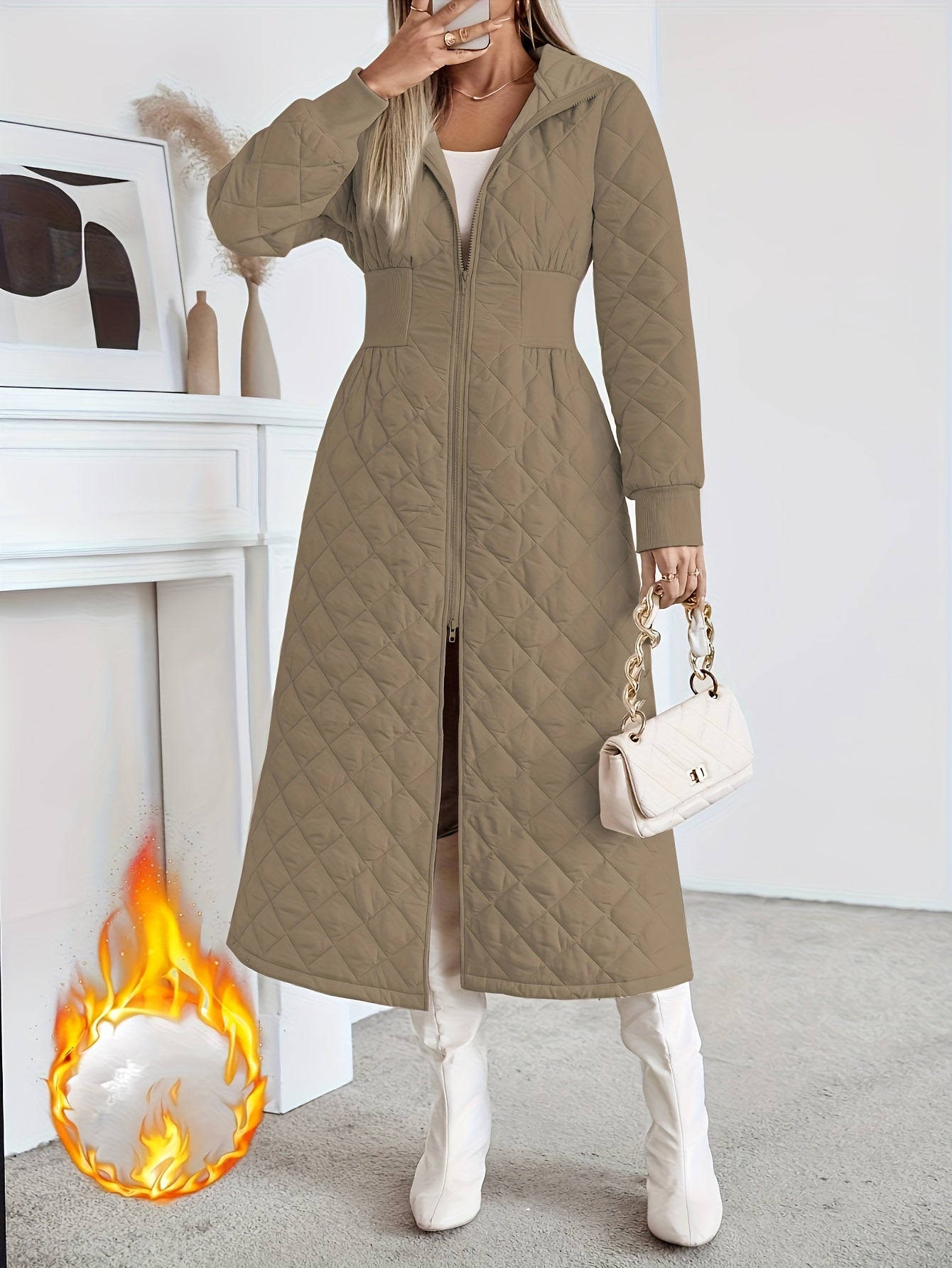 Casaco Longo de Quilting Elegante para Mulheres - Cor Sólida Manga Longa Inverno Quente com Bolsos, Design com Capuz, Comprimento Regular, Sem Cinto, Perfeito para Vestidos Casuais ou Elegantes, Casaco de Inverno, Casaco de Inverno para Mulheres