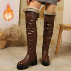 Botas de Inverno Femininas com Solado Grosso e Pelúcia - Botas Retrô de Cano Alto com Zíper, Ideais para Inverno, Looks Casuais e Clima Frio - Forro Quente e Solado de Borracha para Estabilidade (Botas)