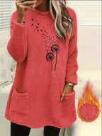 Camisola de Manga Comprida para Mulher com Forro de Lã Aconchegante e Estampado de Dente-de-Leão - Suave, Elástica e Casual para o Outono/Inverno, Laranja, Gola Redonda, Corte Normal, Roupa Casual|Top com Estampado de Dente-de-Leão|Tecido Elástico, Camisola e Camisola de Malha para Mulher, Camisola de Mulher, Camisolas de Mulher, Camisolas de Mulher Outono, roupa mulher inverno, camisolas mulher outono, camisola mulher outono