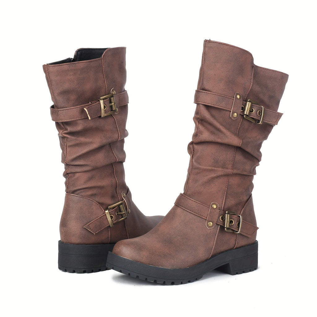 Botas de cano médio estilo retro para mulher com parte superior falsa, forro de lã, salto baixo e fecho de correr para o inverno