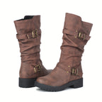 Botas de cano médio estilo retro para mulher com parte superior falsa, forro de lã, salto baixo e fecho de correr para o inverno