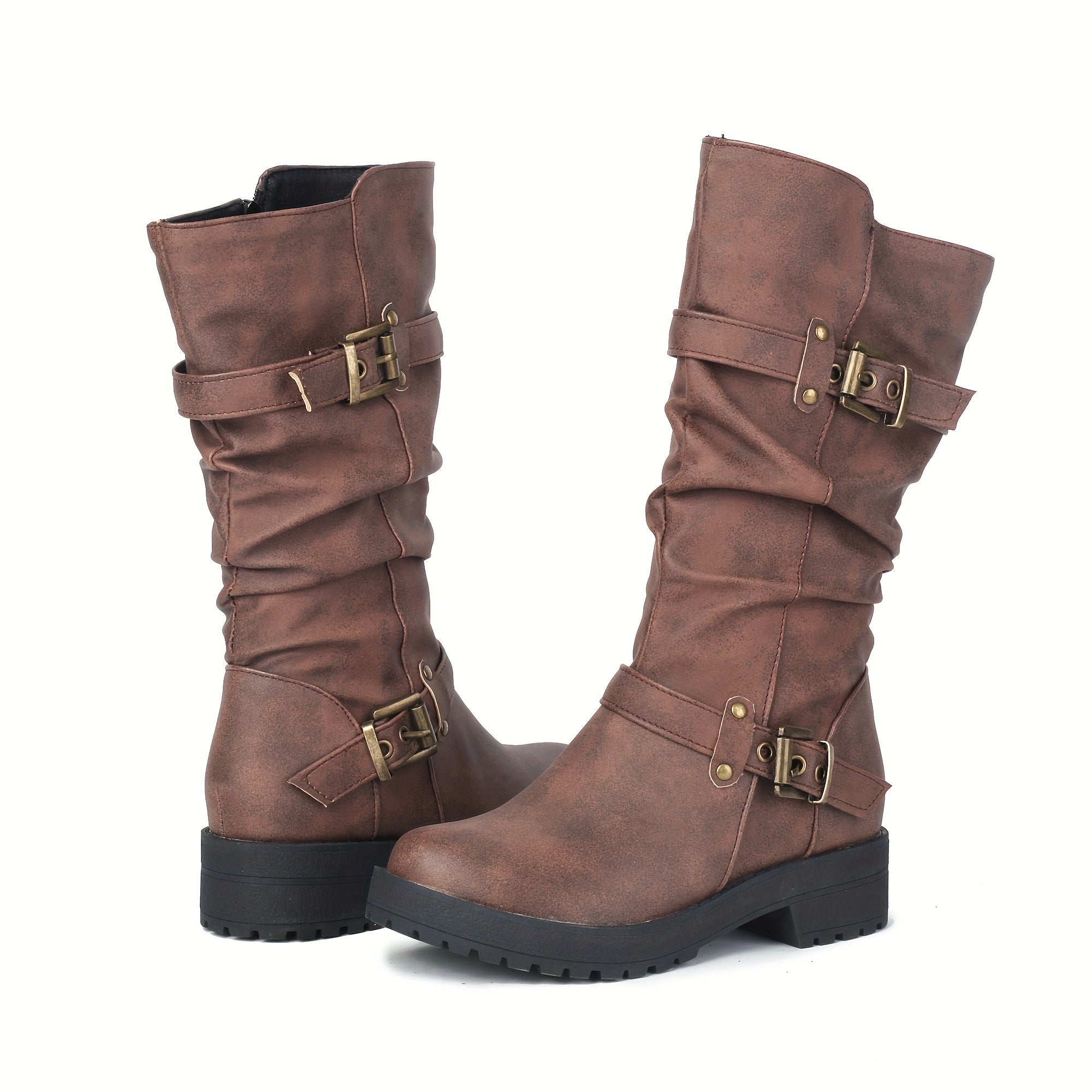 Botas de cano médio estilo retro para mulher com parte superior falsa, forro de lã, salto baixo e fecho de correr para o inverno