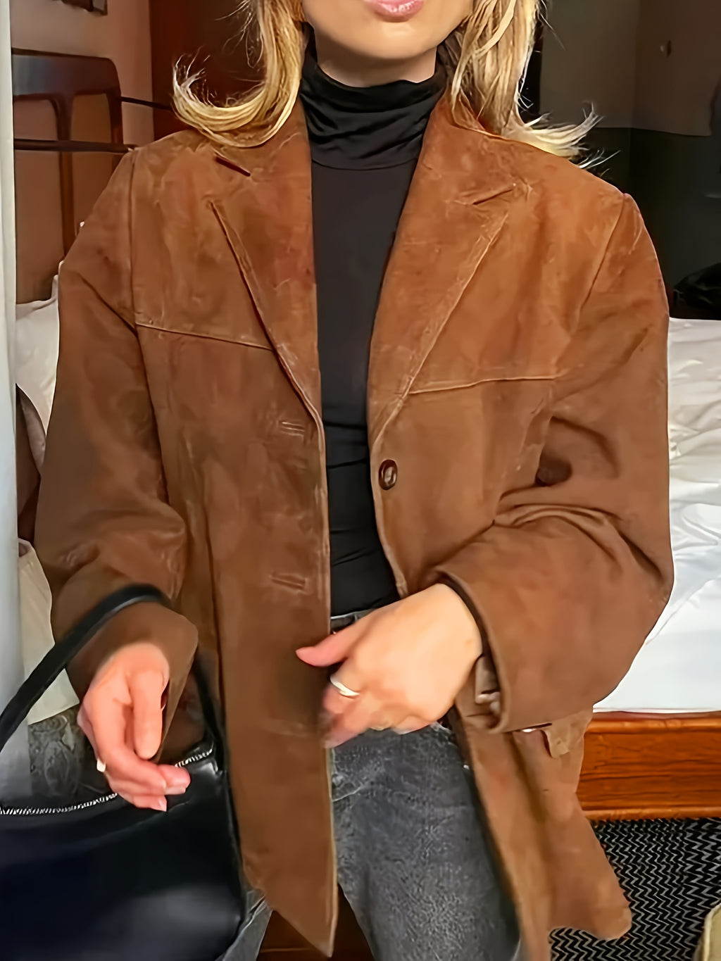 Conjunto Novo Retrô Solto com Lapela e Bolso em Cor Sólida para Mulheres Outono-Inverno