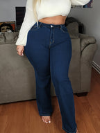 Calças Casuais de Perna Reta Lavadas e Elásticas Plus Size para Mulheres