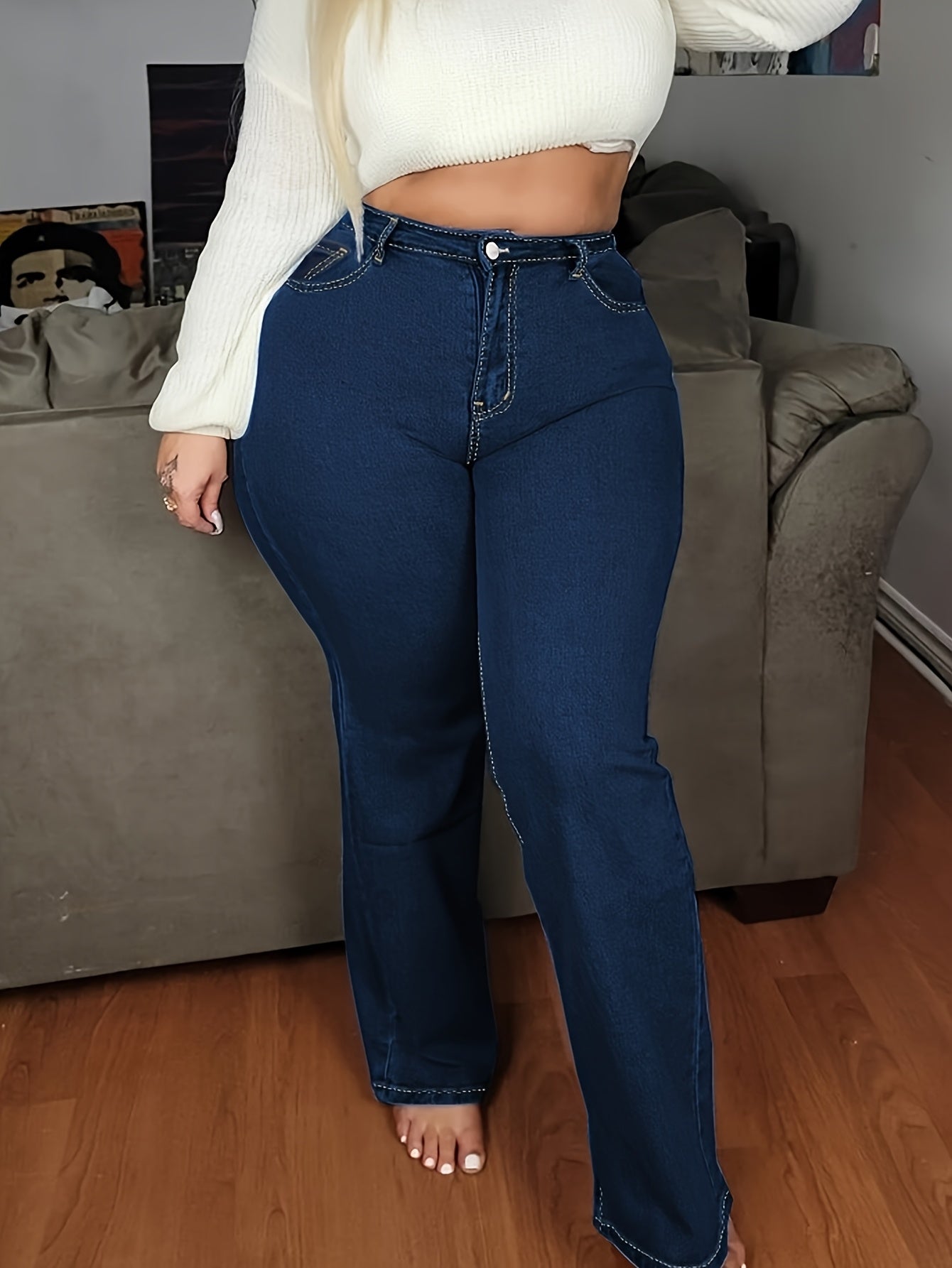 Calças Casuais de Perna Reta Lavadas e Elásticas Plus Size para Mulheres