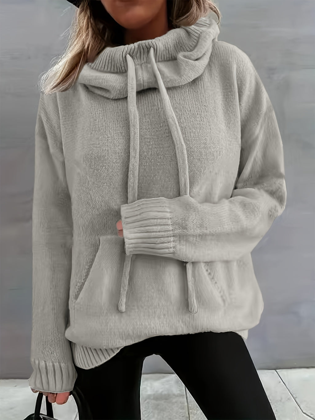 2025 Nova Outono E Inverno Mulher Casual Versátil Cor Sólida Com Cordão Bolsa Capuz Pulôver