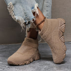Botas de tornozelo sem cadarço e forradas com fleece para mulheres - Bege, biqueira redonda, sola MD, calçado casual de inverno com detalhe de franja, botas de inverno, botas de inverno antiderrapantes para mulheres, sapato confortável para mulheres, calçado de inverno para mulheres