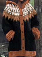 Casaco Plus Size Feminino de Inverno, Elegante com Capuz, Jacquard Macio e Grosso em Degradê de Montanha e Geleira, Tie-Dye, Confortável e Casual, Cardigan Vintage para Presente ou Dia a Dia