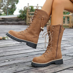 Botas de Cavaleira Femininas de Inverno Acima do Joelho (OTK) - Sola de Borracha Grossa e Salto Grosso, Botas de Montaria Marrom com Cadarço e Bico Redondo, Botas de Vestir para Equitação, Eventos Temáticos e Trajes Casuais (Lavagem à Mão)
