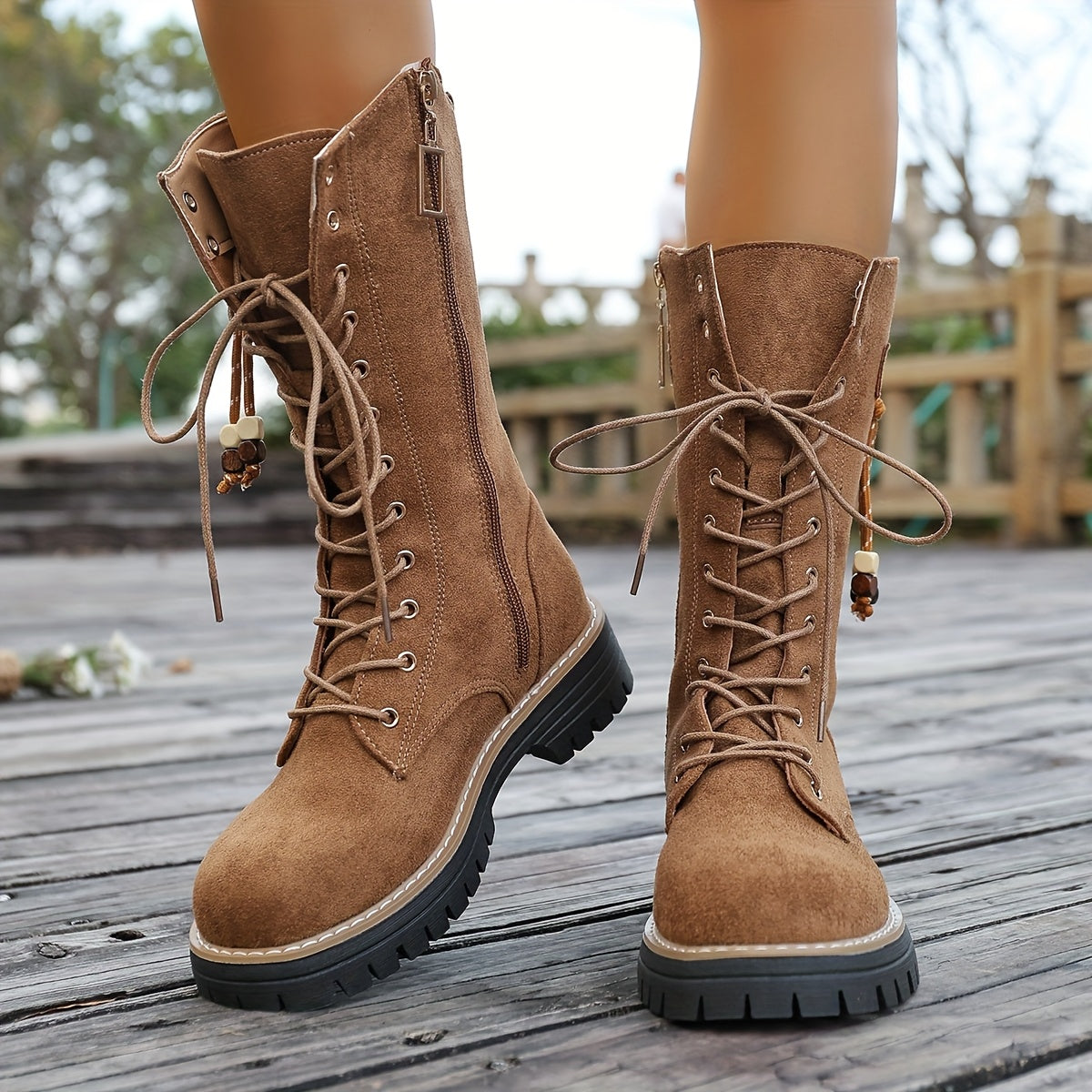 Botas de Cavaleira Femininas de Inverno Acima do Joelho (OTK) - Sola de Borracha Grossa e Salto Grosso, Botas de Montaria Marrom com Cadarço e Bico Redondo, Botas de Vestir para Equitação, Eventos Temáticos e Trajes Casuais (Lavagem à Mão)