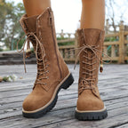 Botas de Cavaleira Femininas de Inverno Acima do Joelho (OTK) - Sola de Borracha Grossa e Salto Grosso, Botas de Montaria Marrom com Cadarço e Bico Redondo, Botas de Vestir para Equitação, Eventos Temáticos e Trajes Casuais (Lavagem à Mão)
