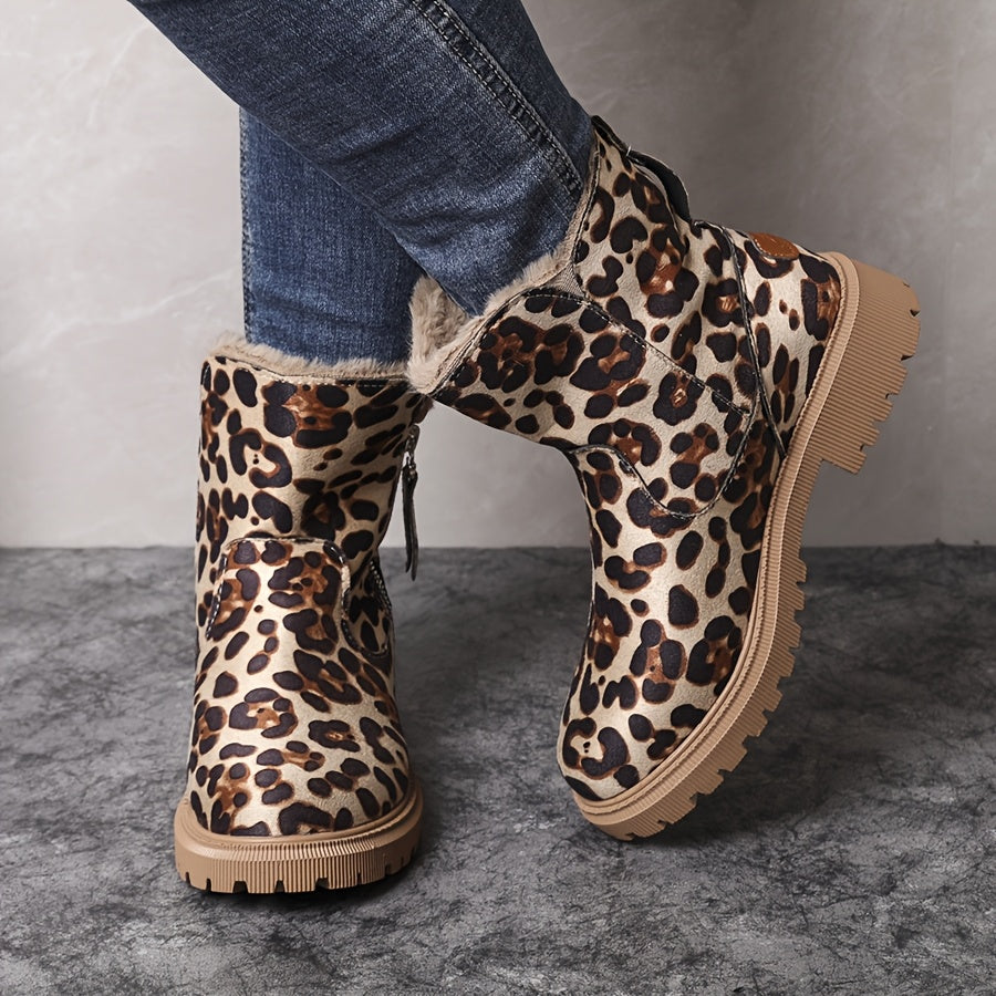 Botas de Neve Femininas com Forro Acolchoado para o Inverno - Parte Superior e Forro Grossos e Quentes, Sola Antiderrapante de Borracha, Estampa de Leopardo & Preto, Duráveis para Tração Externa no Inverno