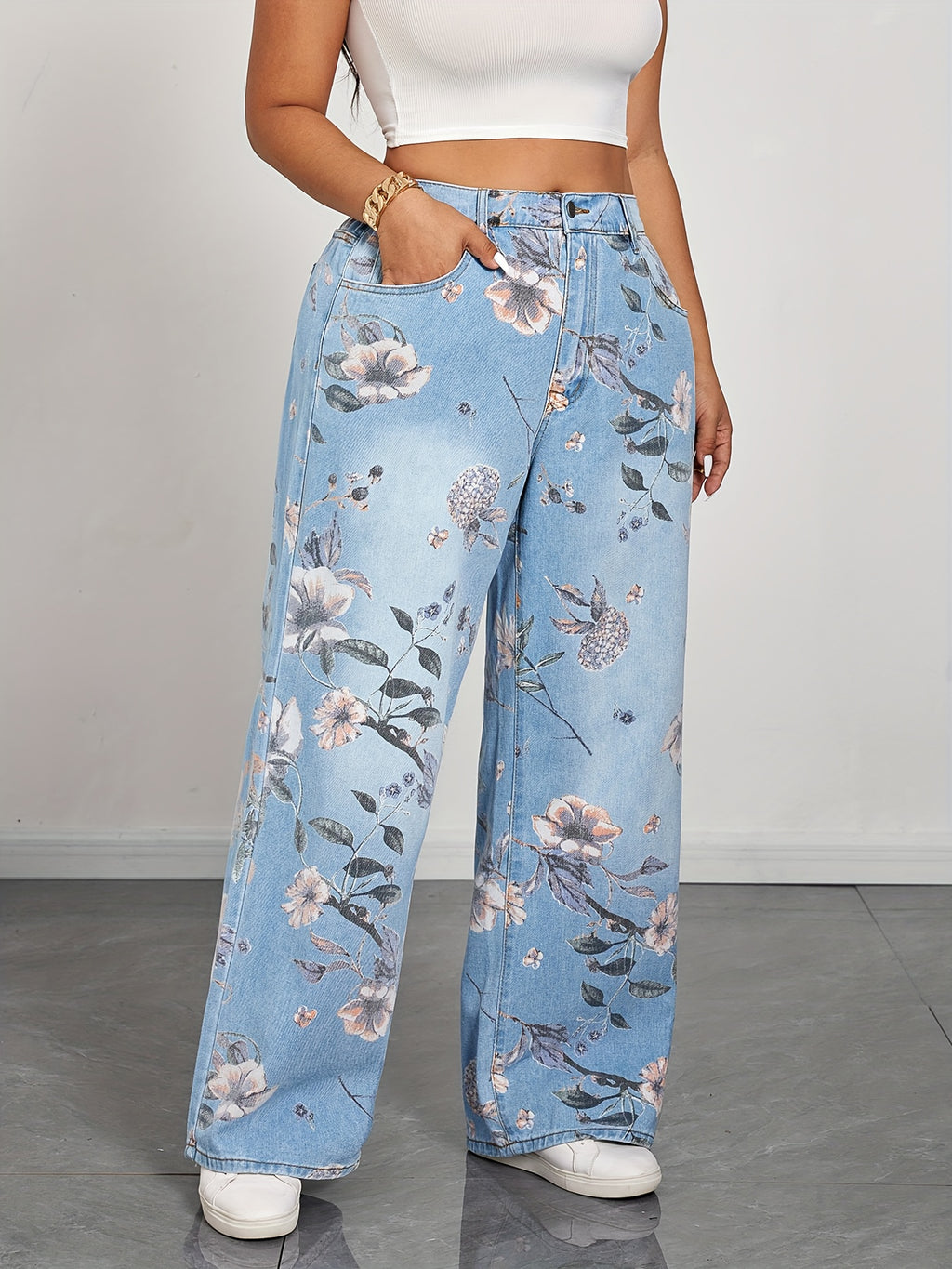 Calças Jeans Femininas com Estampa Floral - Calças de Perna Larga e Elásticas Não Transparentes com Fechamento de Botão, Jeans para Todas as Estações, Tamanho Plus Size, Confortáveis para Looks Casuais e Formais, Elasticidade Média
