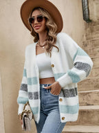 Jaqueta Estilo Francês com Botões Frontais e Listras Horizontais - Blusa de Caimento Relaxado para Outono/Inverno, Casaco Casual e Elegante (Não-)