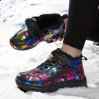 Botas de neve de inverno de pelúcia para mulheres - Salto médio acolchoado e grosso, bico redondo e fecho, padrão floral vibrante, forro de lã quente, perfeitas para ocasiões casuais e formais, botas de neve para mulheres, calçado formal, calçado com padrão decorativo, sola de EVA durável