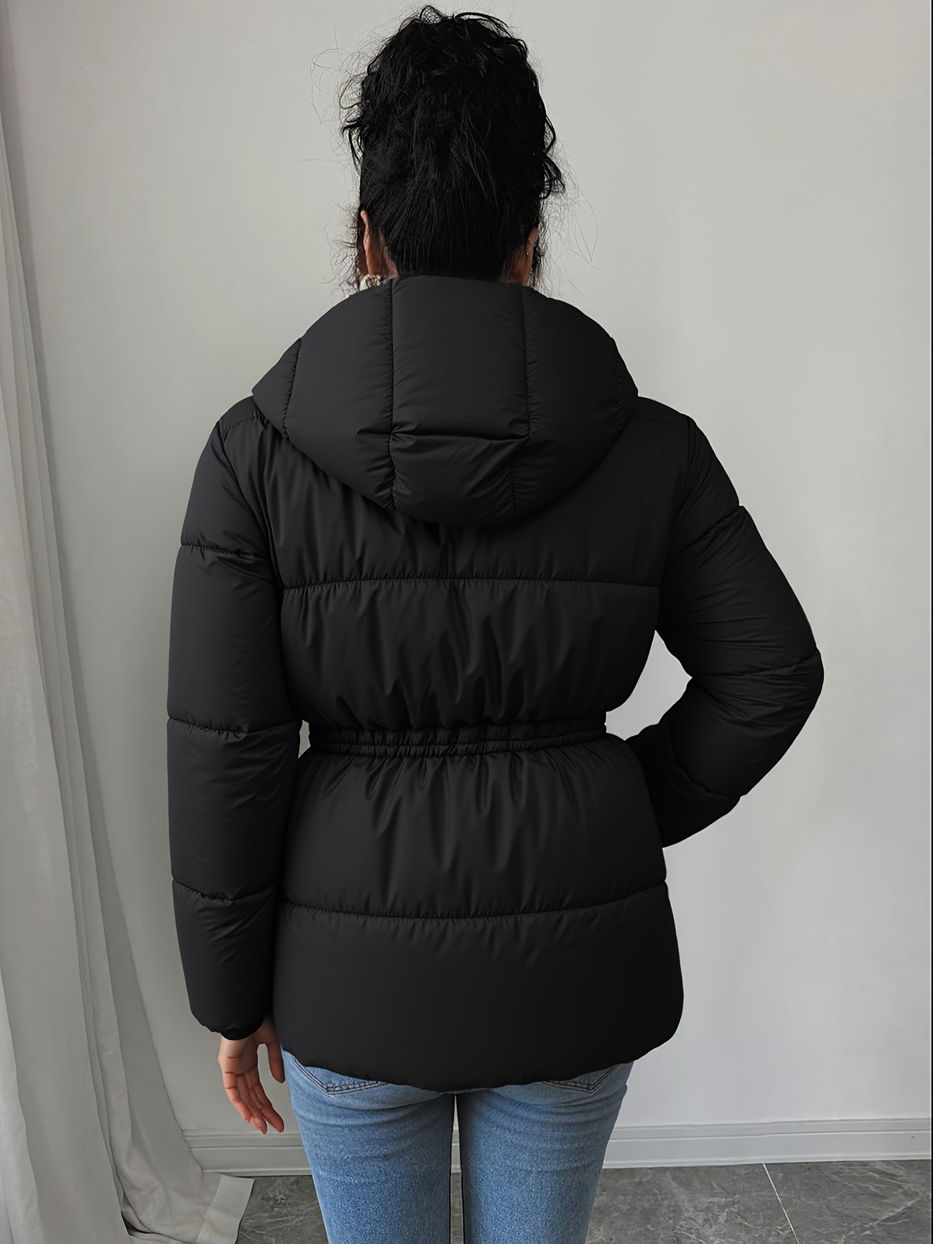 Casaco de Inverno Preto Elegante para Mulher - Silhueta H-Line de Manga Comprida com Fecho de Zíper Frontal, Tecido Sem Elasticidade de Corte Solto para Clima Frio