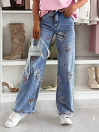 Calças Jeans Femininas de Perna Larga com Estampa de Folhas Florais, Bolsos com Zíper e Botão, Calça Jeans Reta e Casual