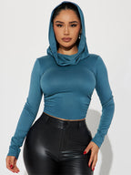 Top Recortado Com Capuz De Cor Sólida, Top Fino De Manga Comprida Y2K, Roupas Femininas