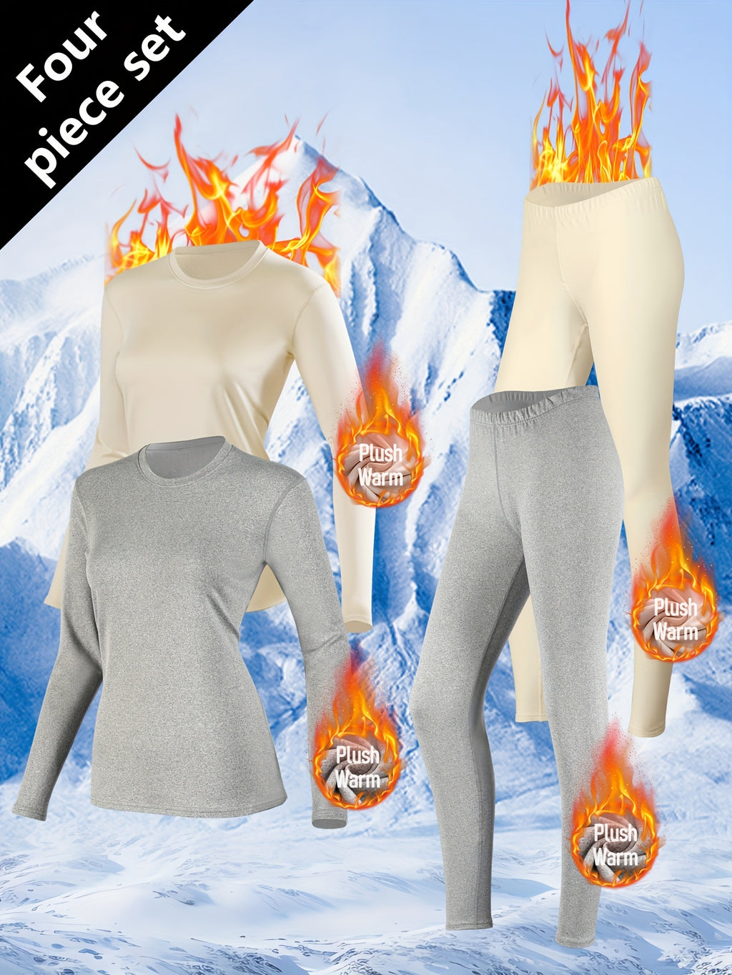 Conjunto de 4 Peças para Mulheres: Roupa Íntima Quente com Forro Polar, Camiseta e Calça Térmica para o Inverno