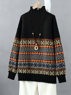 Suéter Vintage Jacquard de Gola Alta para Mulheres - Corte Solto, Preto com Estampa Floral Azul e Laranja, Calor Outono/Inverno, Design Elegante Inspirado no Oriente Médio, Suéter Clássico Feminino