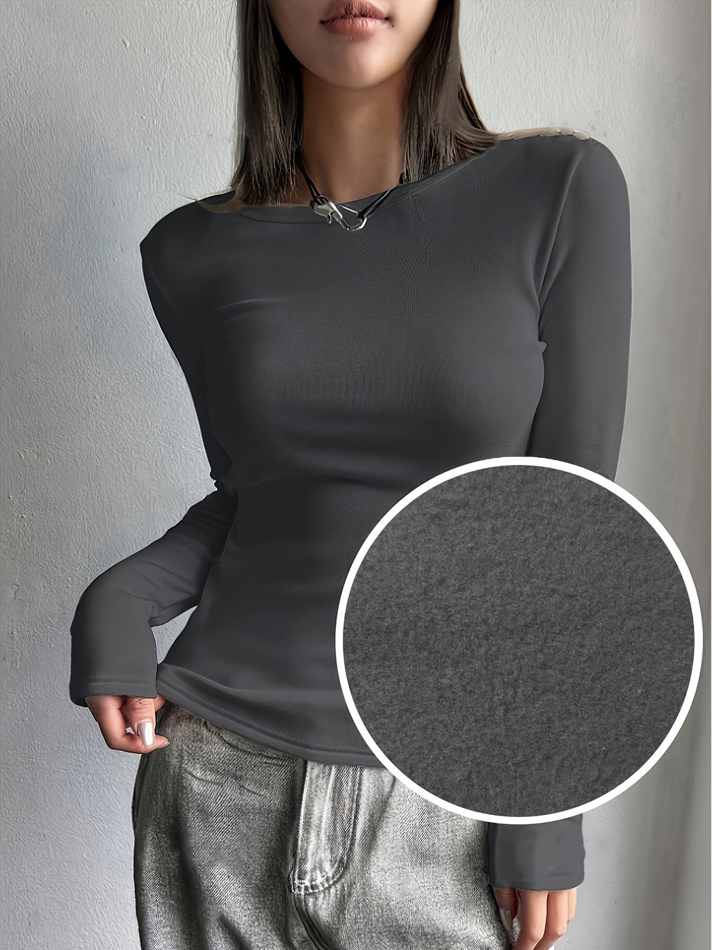 Top de manga comprida com forro de lã para mulheres - Rosa suave, textura ribana, detalhe de botão, perfeito para outono e inverno, estilo casual, roupa casual | Top de textura ribana | Top forrado de lã, top de lã/inverno para mulheres
