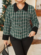 Jaqueta Xadrez Elegante Plus Size - Casaco de Inverno com Gola, Blazer Xadrez Verde/Branco/Preto/Bege, Lavável à Máquina, Roupa de Outono/Inverno para Escritório e Eventos Semi-Formais