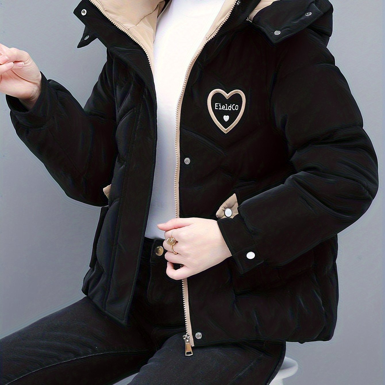 Chic Winter Hooded Jacket - Cozy Beige & White Design