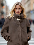 Casaco Curto de Inverno Feminino com Gola - Jaqueta Elegante e Quente, Fechamento com Botões, Lavável na Máquina, Comprimento Curto para Outono/Inverno, Design de Cor Sólida (Sem Transparência) - Ideal para Uso Diário/Casual