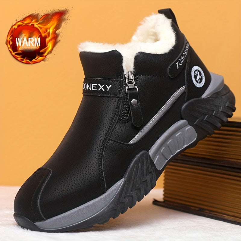 Botas de Neve Unissex para Inverno, Simples e Modernas em Cores Sólidas de Cinza, Preto, Caqui, Design Superior em PU, Design de Calçar Fácil, Sola de PVC Espessa e Macia Resistente ao Desgaste com Aderência Forte, Forrada para Calor e Conforto, Sapatos Deslizantes para Preguiça, Adequados para