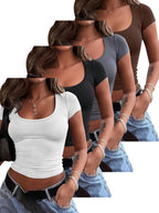 4 peças de camisetas de manga curta para mulheres - Tops curtos de cor sólida com decote em U, Tops de verão casuais elásticos em branco, preto, marrom e cinza, Versáteis para atuário casual, Blusas de top curto