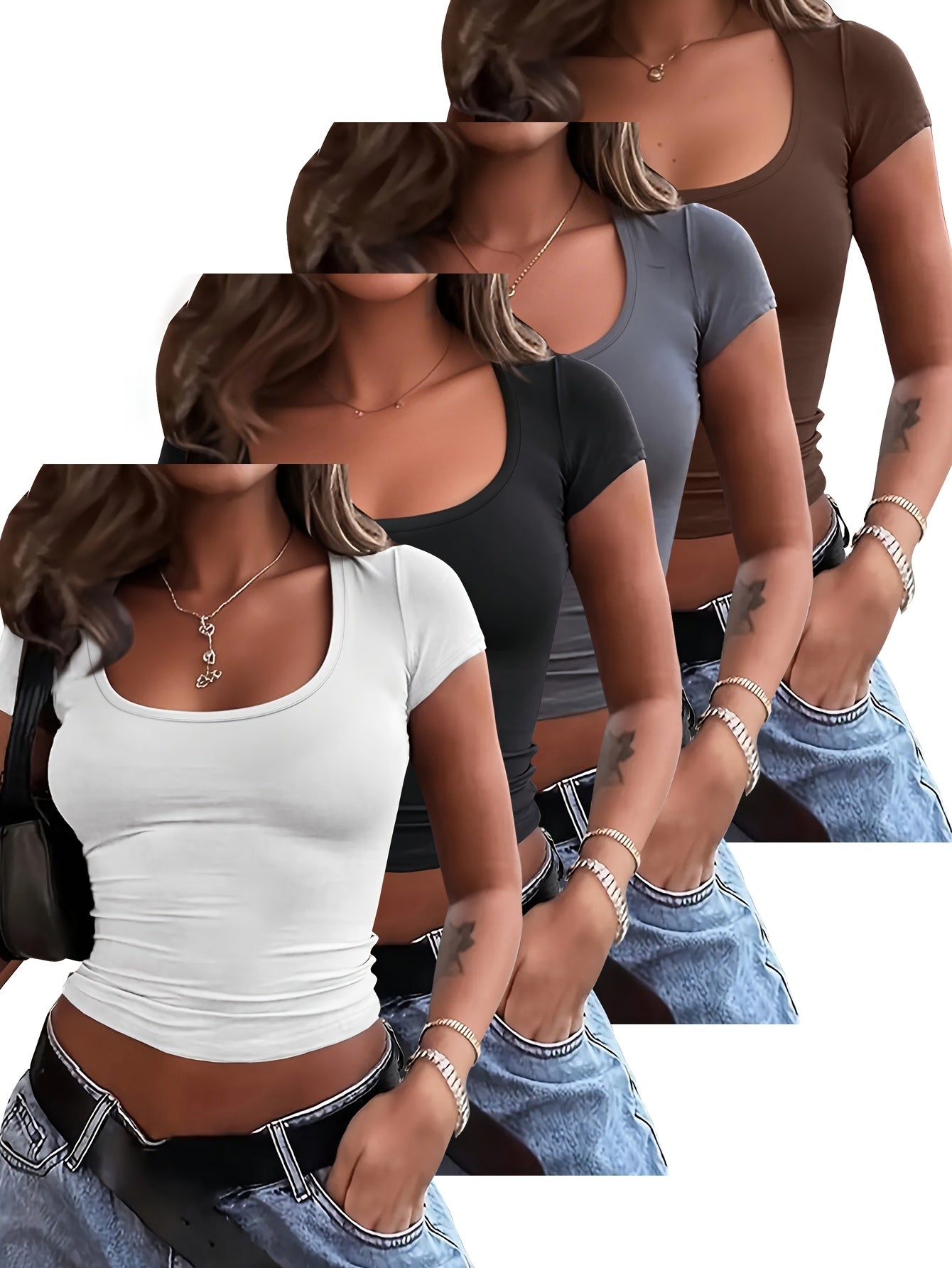 4 peças de camisetas de manga curta para mulheres - Tops curtos de cor sólida com decote em U, Tops de verão casuais elásticos em branco, preto, marrom e cinza, Versáteis para atuário casual, Blusas de top curto