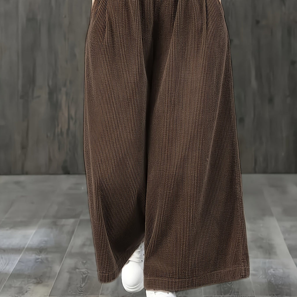 Wide-Leg Corduroy Pants with Elastic Waist and Pockets