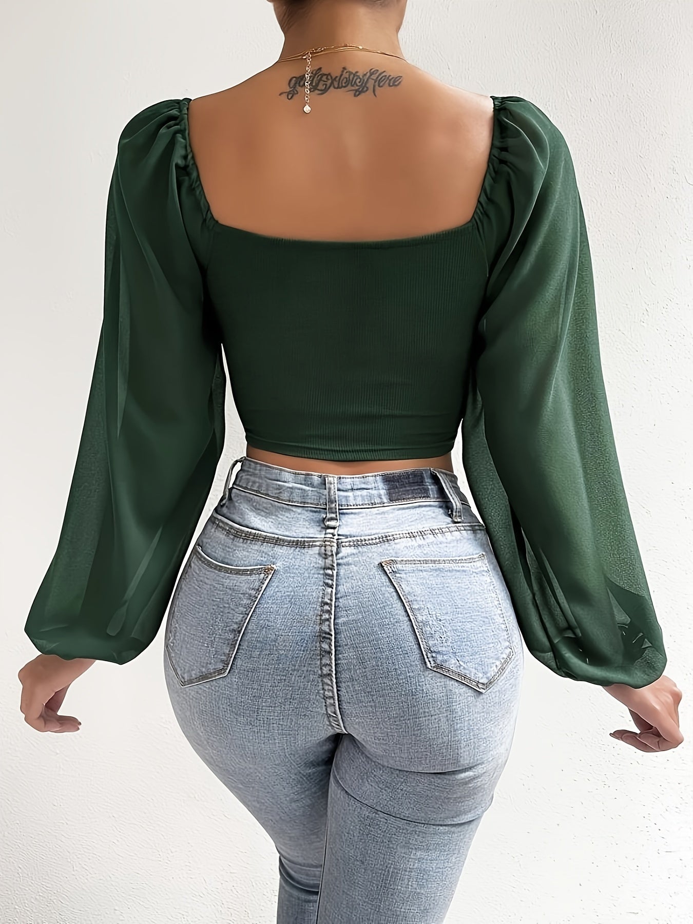 Top Curto Com Cordão E Decote Em Coração, Blusa Casual Ilusão Com Manga Lanterna Para Primavera E Outono, Roupas Femininas