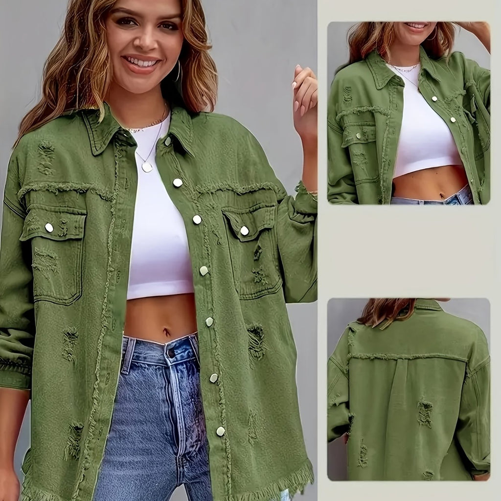 Boho-Chic Oversized Denim Jacket with Distressed Details