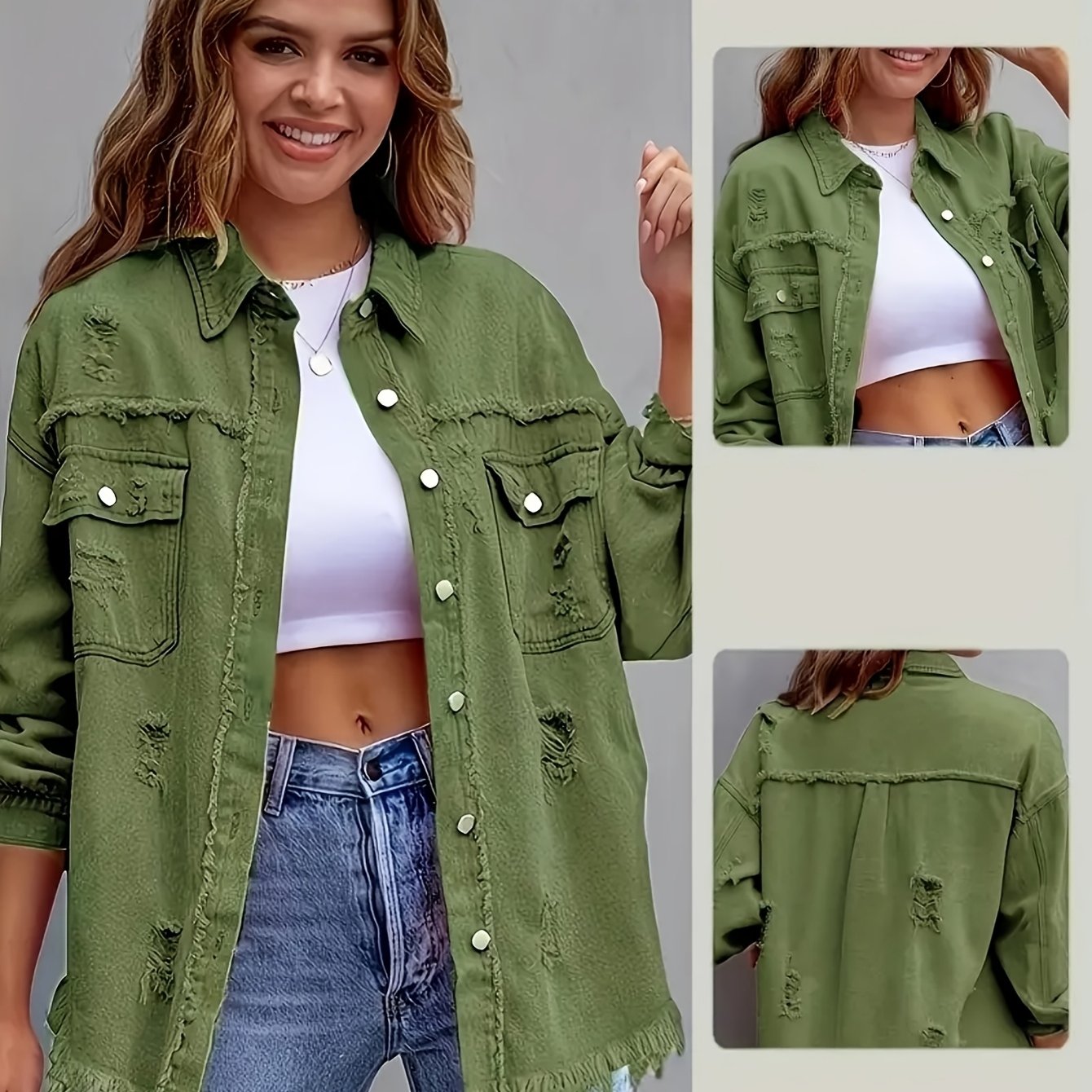 Boho-Chic Oversized Denim Jacket with Distressed Details