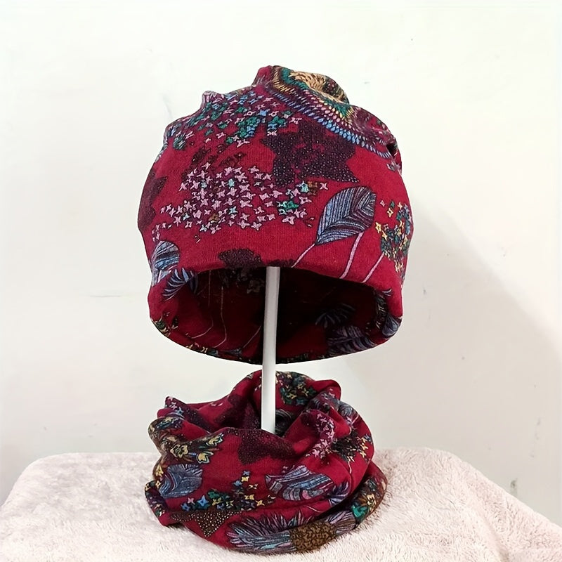 Conjunto de 4 Gorros de Boêmia Estilo para Mulheres com Padrões Florais - um Lenço de Cabeça Confortável e Leve Adequado para Outono e Inverno, Esticado Ouf para Uso em Quimioterapia, Somente Lavagem à Mão, com Designes de Penas Brilhantes e Florais em Cinza, Vermelho, Azul e Preto, Oferecendo Chapéus Confortáveis.