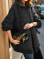 Casaco Elegante com Capuz | Outono/Inverno, Tecido Sem Elasticidade, Padrão de Escamas de Peixe, Manga Regular, Fecho de Zíper, Corte Larga