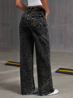Jeans de Denim Lavados Vintage Femininos - Corte Reto Relaxado, Calças Casuais Não Elásticas com Design Clássico de Cinco Bolsos para Conforto em Todas as Estações, Vestuário Casual, Construção Durável, Roupa Confortável, Material Resistente, Calças Wideleg, Estilo Descontraído