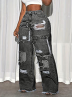 Jeans Elegantes de Corte Solto para Mulher | Ganga Desbotada e Desgastada, Tecido Elástico, Estilo Casual para Todas as Estações