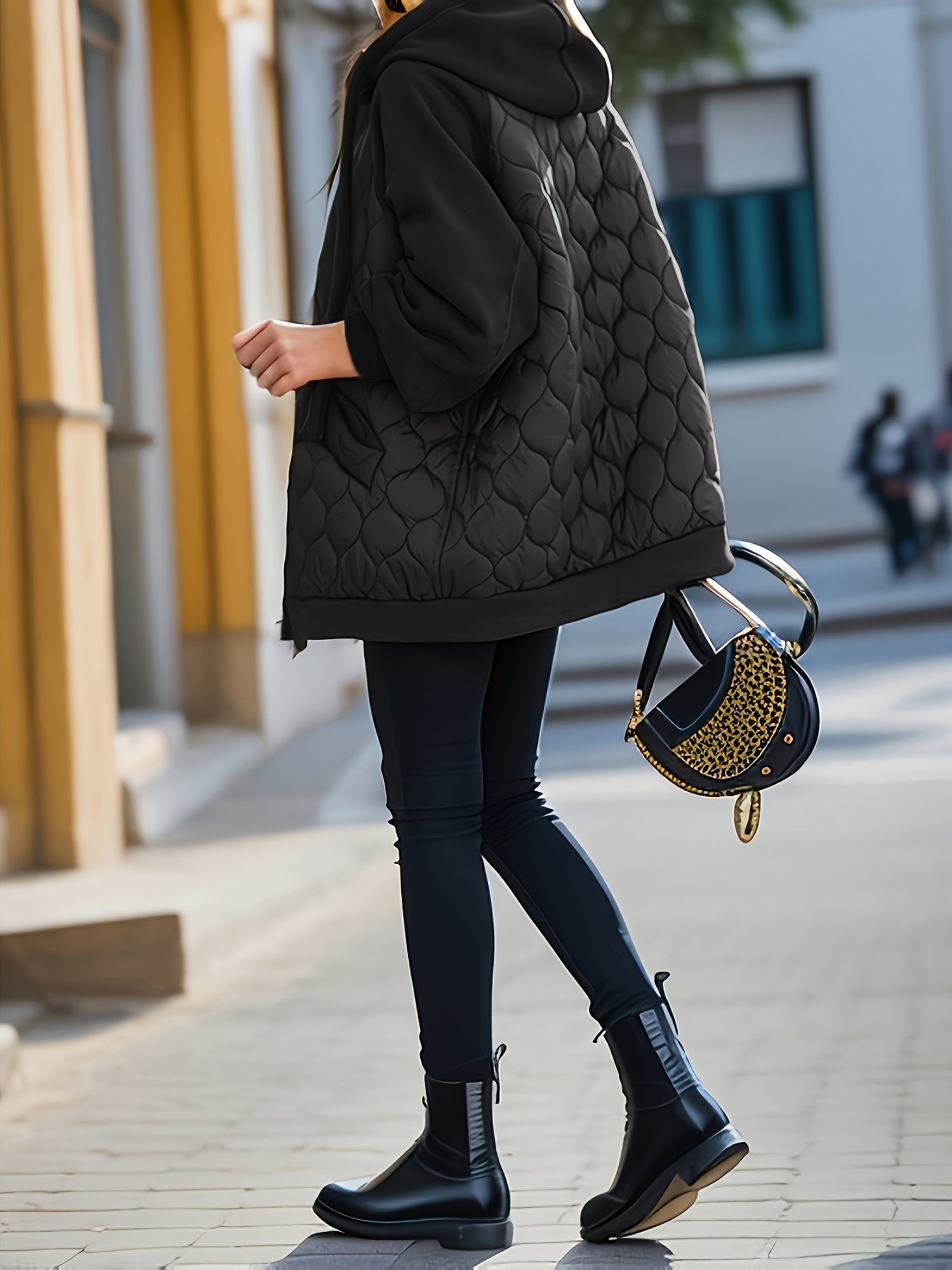 Casaco Elegante com Capuz | Outono/Inverno, Tecido Sem Elasticidade, Padrão de Escamas de Peixe, Manga Regular, Fecho de Zíper, Corte Larga