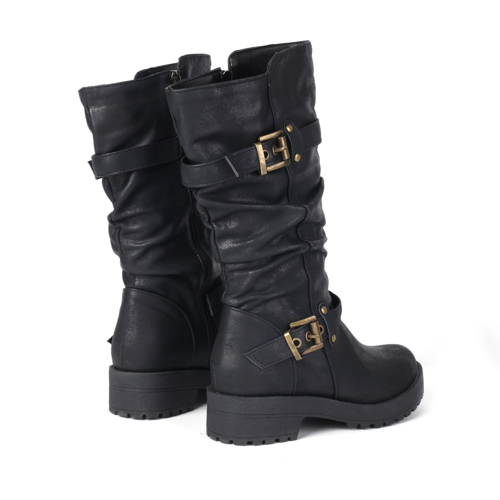 Botas de cano médio estilo retro para mulher com parte superior falsa, forro de lã, salto baixo e fecho de correr para o inverno