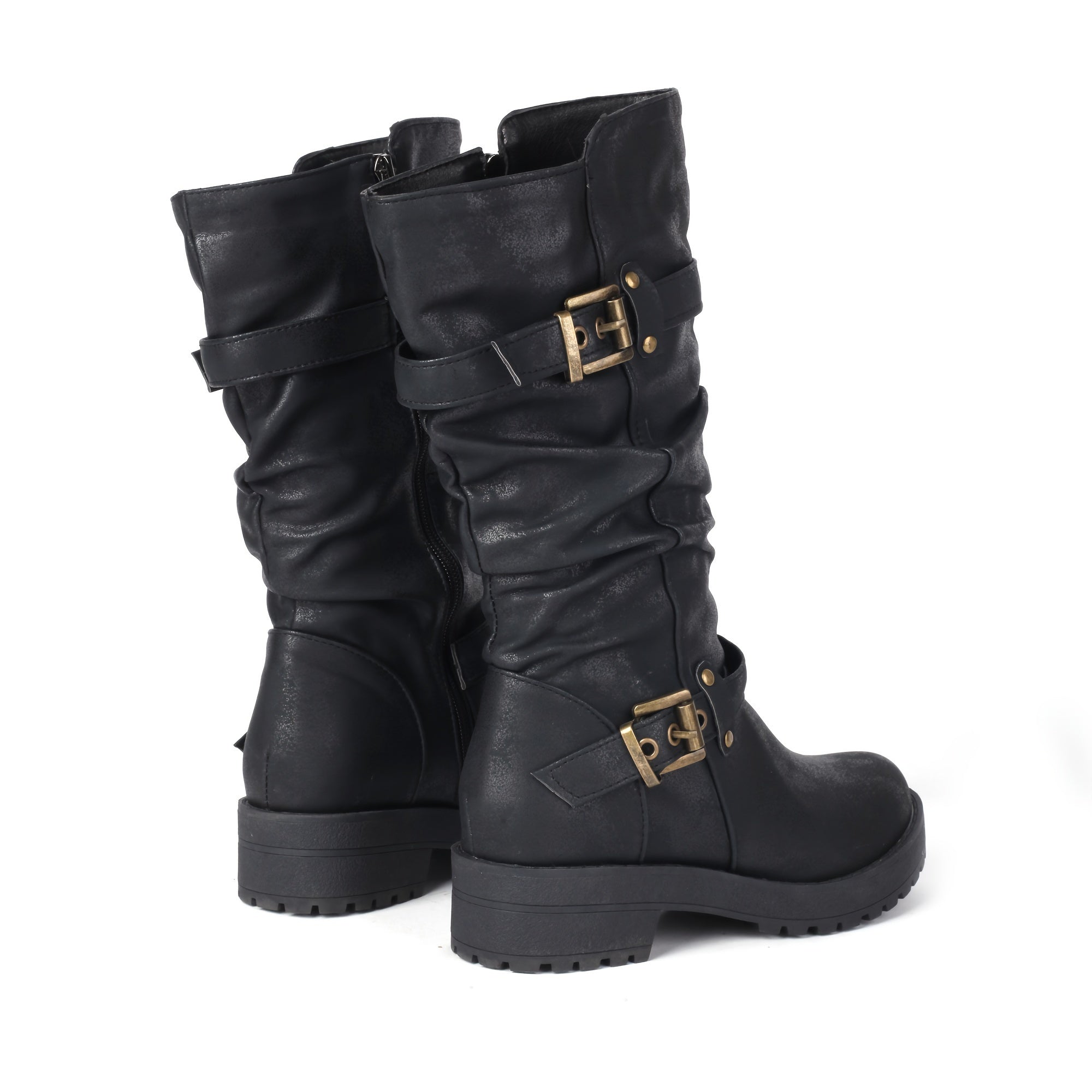 Botas de cano médio estilo retro para mulher com parte superior falsa, forro de lã, salto baixo e fecho de correr para o inverno